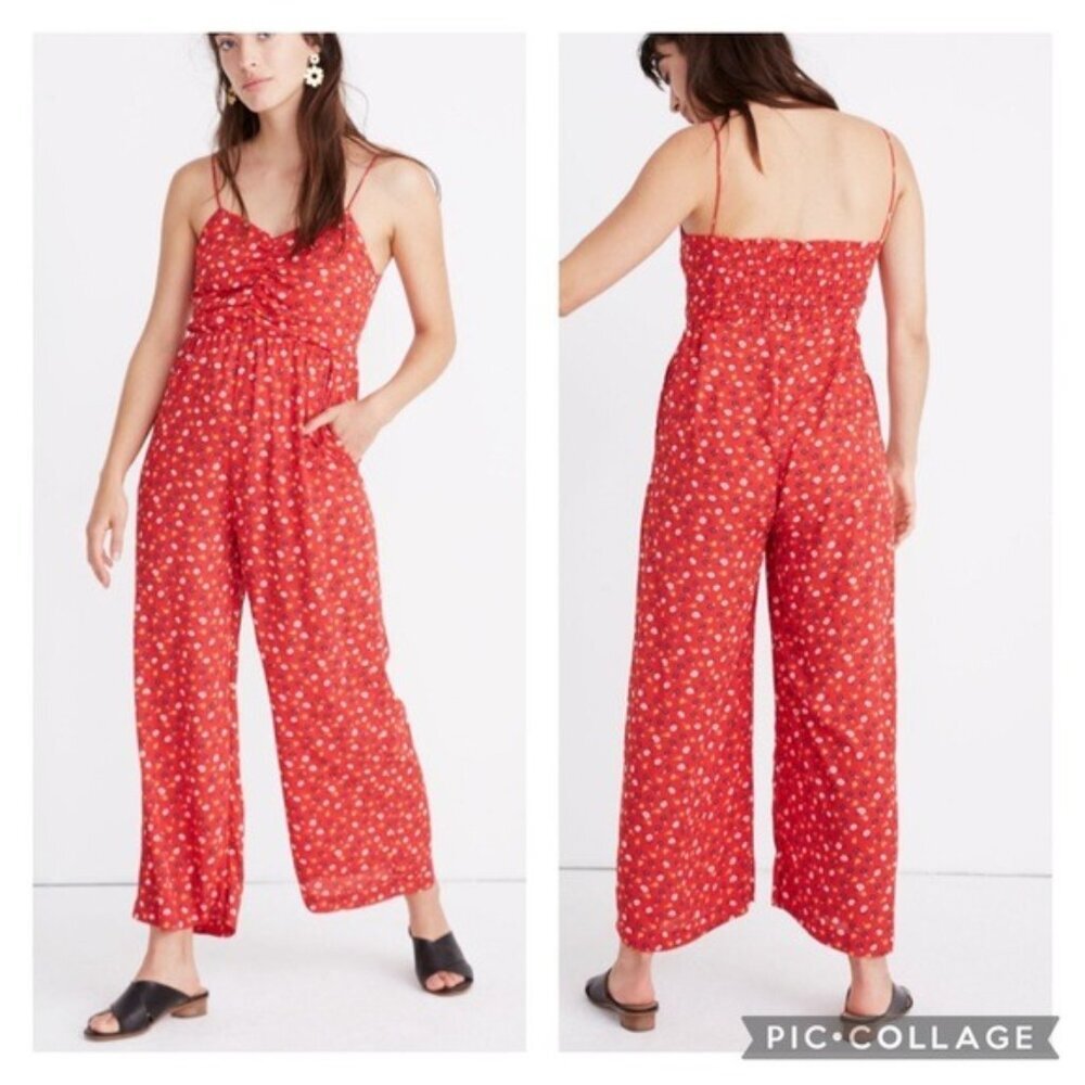 Madewell Wide Leg Red Floral Jumpsuit Size 10 Sleeveless